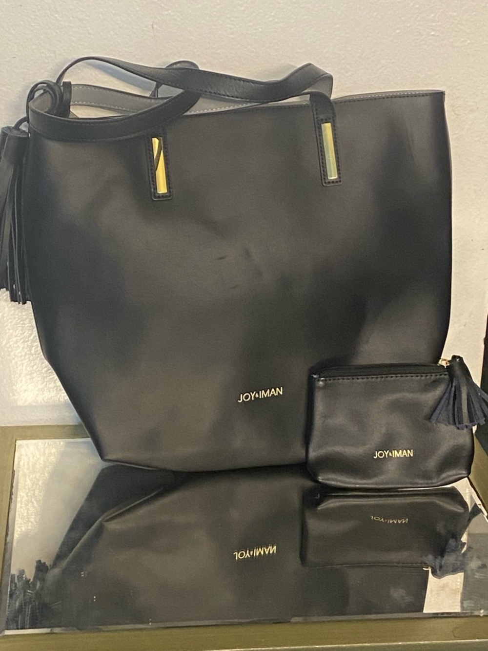 Joy-Iman Black Leather Tote with Matching Pouch